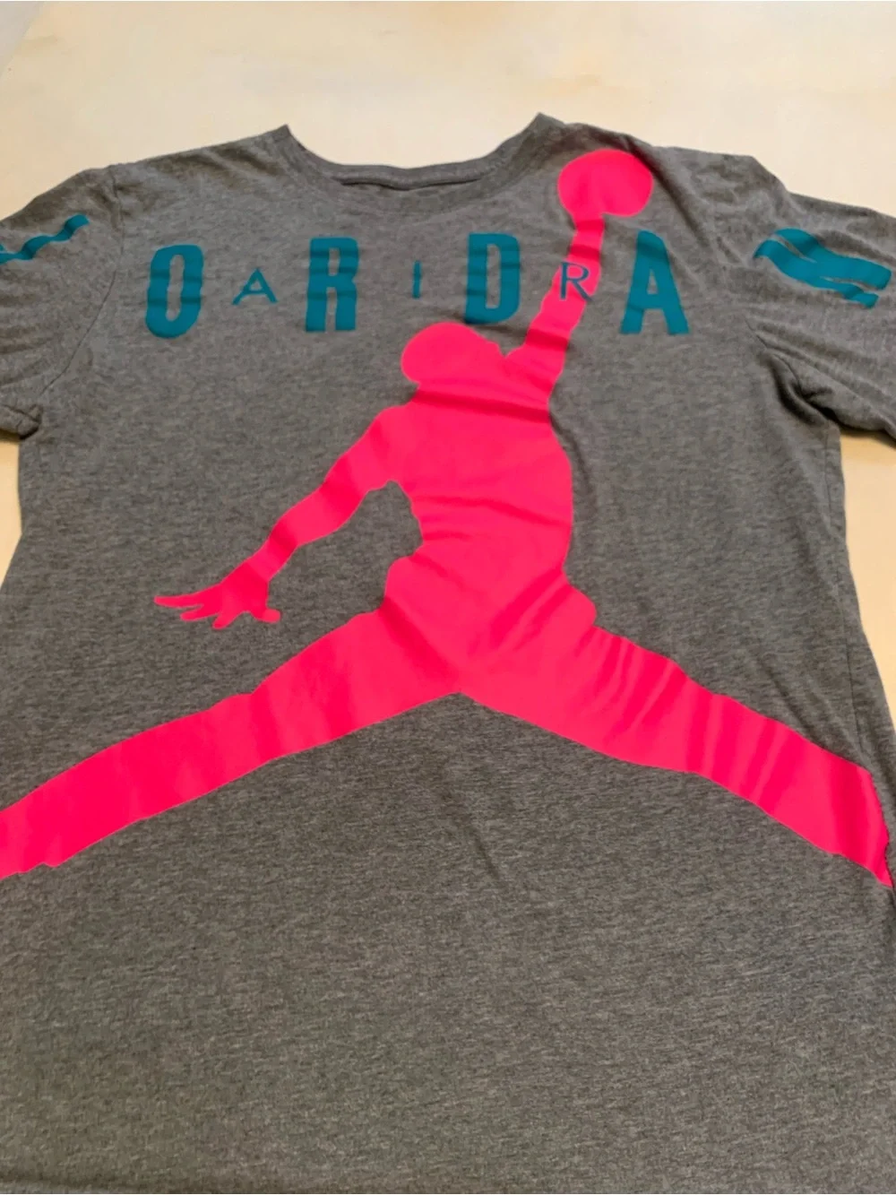 Jordan Men’s Gray Tee with Hot Pink Jumpman Graphic, Size Medium